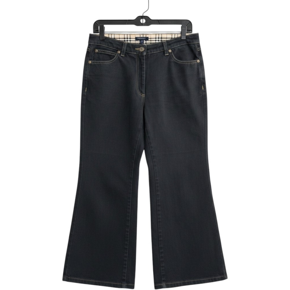 Burberry London Womens Black Wide Leg Jeans Nova Check Trim SZ 4 Ankle Length